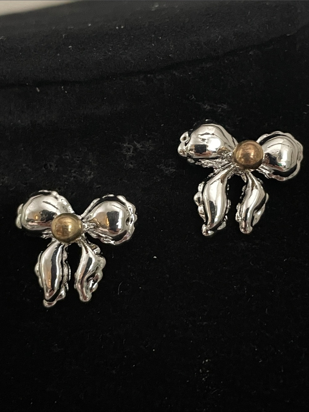 Silver Bow Stud Earrings with Gold Accent - Women Jewelry